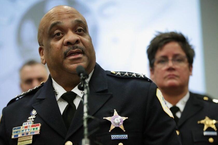 CHICAGO, ILLINOIS - FEBRUARY 21: Chicago Police Superintendent Eddie Johnson speaks during a press conference at Chicago police headquarters about the arrest of Empire actor Jussie Smollett on February 21, 2019 in Chicago, Illinois. According to Johnson, Smollett arranged the homophobic, racist attack against himself in an attempt to raise his profile because he was dissatisfied with his salary. (Photo by Scott Olson/Getty Images) ** OUTS - ELSENT, FPG, CM - OUTS * NM, PH, VA if sourced by CT, LA or MoD **