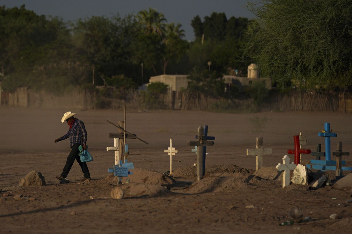 Un indígena yaquí cruza entre el polvo, el martes 27 de septiembre de 2022, un cementerio donde se encuentra sepultado el asesinado defensor del agua Tomás Rojo en Pótam, Sonora, noroeste de México. (AP Foto/Fernando Llano)