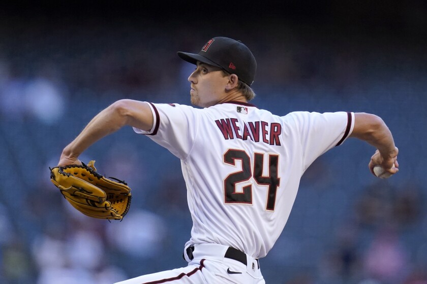 Arizona Diamondbacks starting pitcher Luke Weaver throws a pitch against the Miami Marlins during the first inning of a baseball game Monday, May 10, 2021, in Phoenix. (AP Photo/Ross D. Franklin)