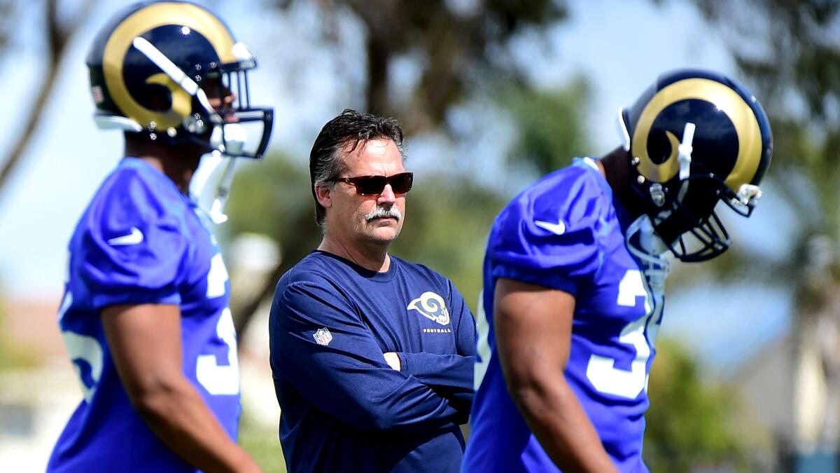 Coach Jeff Fisher and the Rams went through their paces in Oxnard during off-season workouts in preparation for camp later this summer.