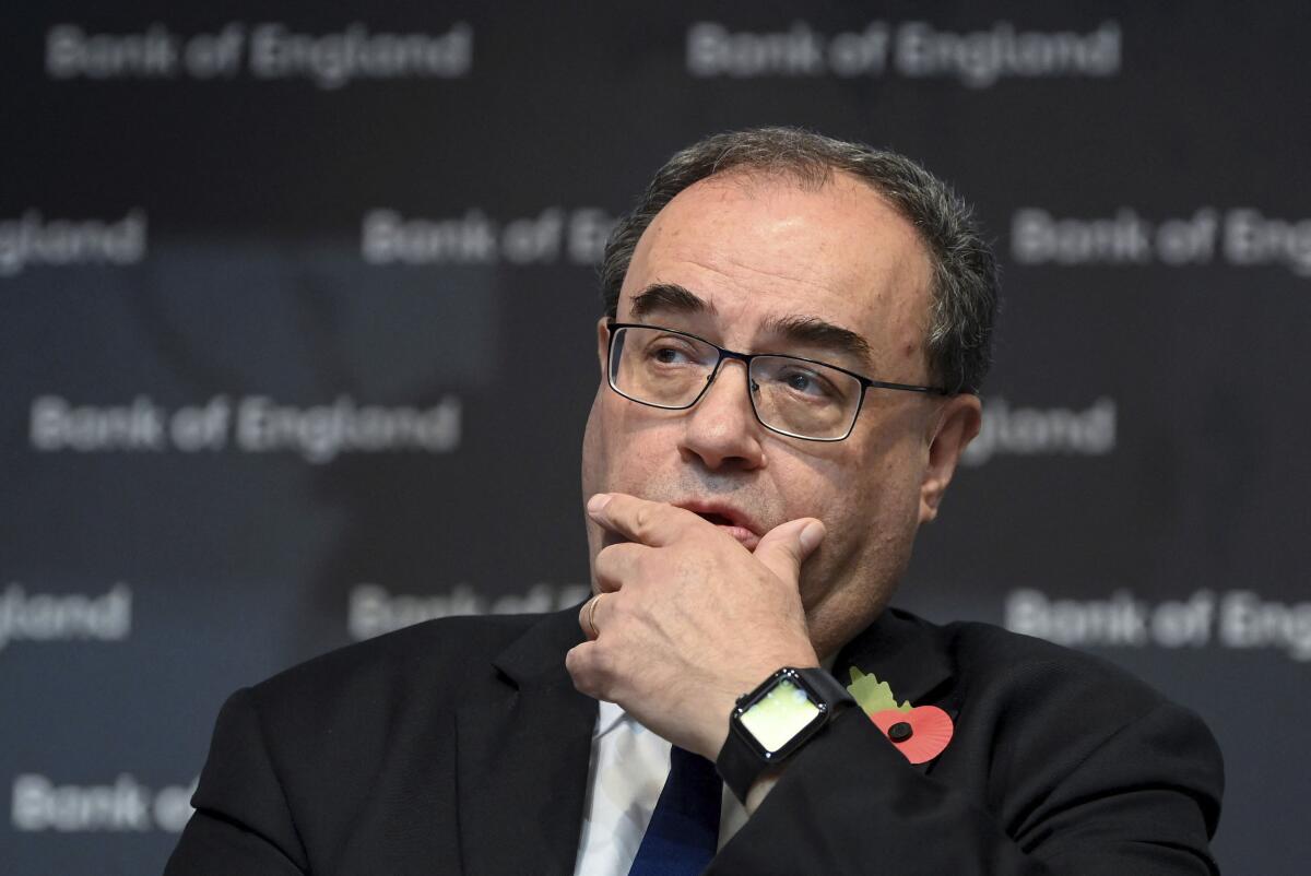 Governor of the Bank of England Andrew Bailey during a press conference for the release of the Monetary Policy Report, at the Bank of England, London, Thursday, Nov. 3, 2022. The Bank of England has announced its biggest interest rate increase in three decades as it tries to beat back stubbornly high inflation fueled by Russia’s invasion of Ukraine and the disastrous economic policies of former Prime Minister Liz Truss. (Toby Melville/Pool Photo via AP)