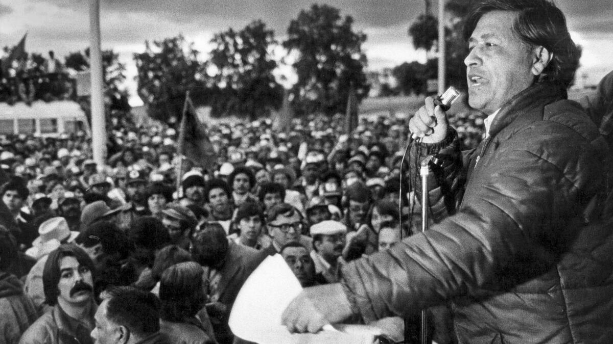 Feb. 2, 1979: Cesar Chavez speaks to members of the United Farm Workers during a rally in the Imperial Valley. During the bitter UFW strike against lettuce growers, one striker, Rufino Contreras, was killed.
