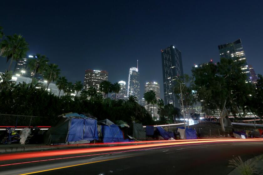 LOS ANGELES, CA. - DEC. 30, 2020. Parts of downtown Los Angeles are looking pretty ragged nine months into the corornavirus pandemic. Above, homeless tents line James M. Woods Street. Countless homeless people shelter in nooks and crannies in an urban landscape covered in graffiti and trash as the city struggles with reduced tax revenues and budgets. Pictured above, burned debris and trash at a homeless encampment under Interstate 10. (Luis Sinco/Los Angeles Times)