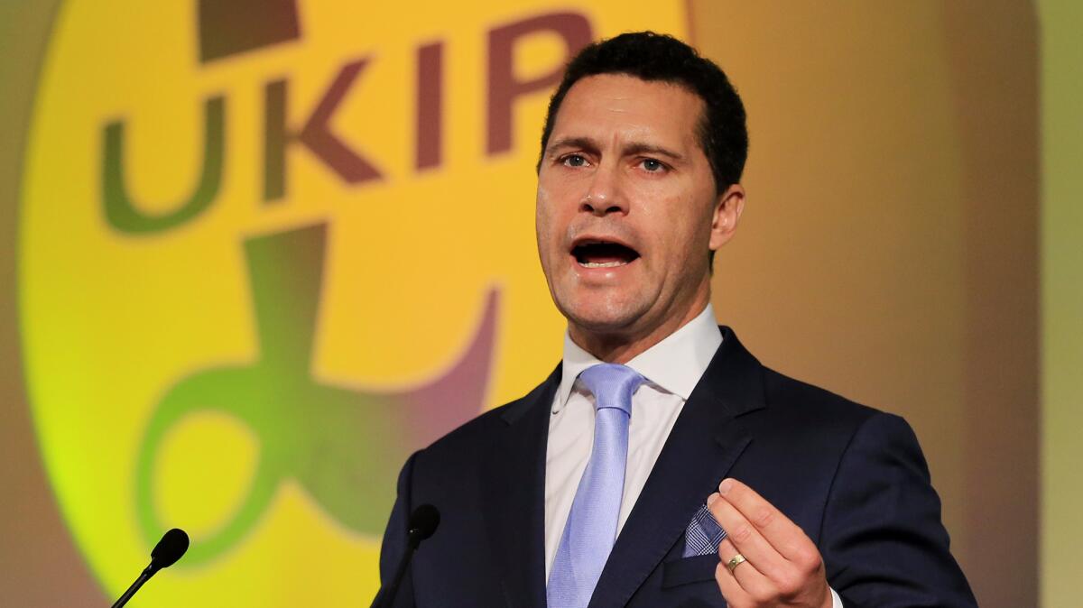 In this Sept. 26, 2014, photo, Steven Woolfe of Britain's U.K. Independence Party speaks in London.