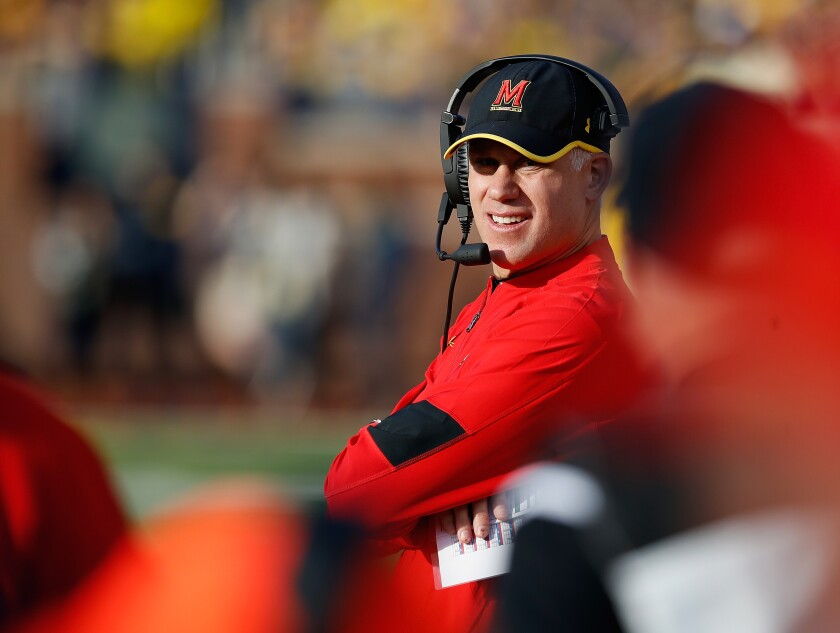 D.J. Durkin coaches the Maryland Terrapins in a game against the Michigan Wolverines on Nov. 5, 2016, in Ann Arbor, Mich.