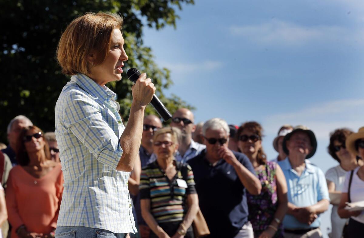 Republican presidential candidate Carly Fiorina speaks at the annual Seacoast Republican Women's chili festival Saturday, Sept. 12, 2015, in Stratham, N.H. (AP Photo/Jim Cole)