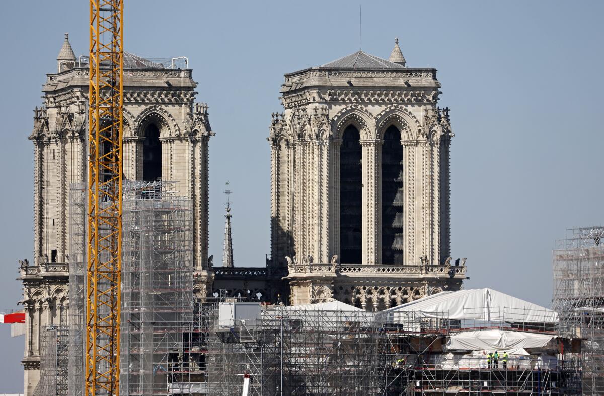 The towers of Notre Dame Cathedral almost four years after fire ravaged Paris' emblematic monument.