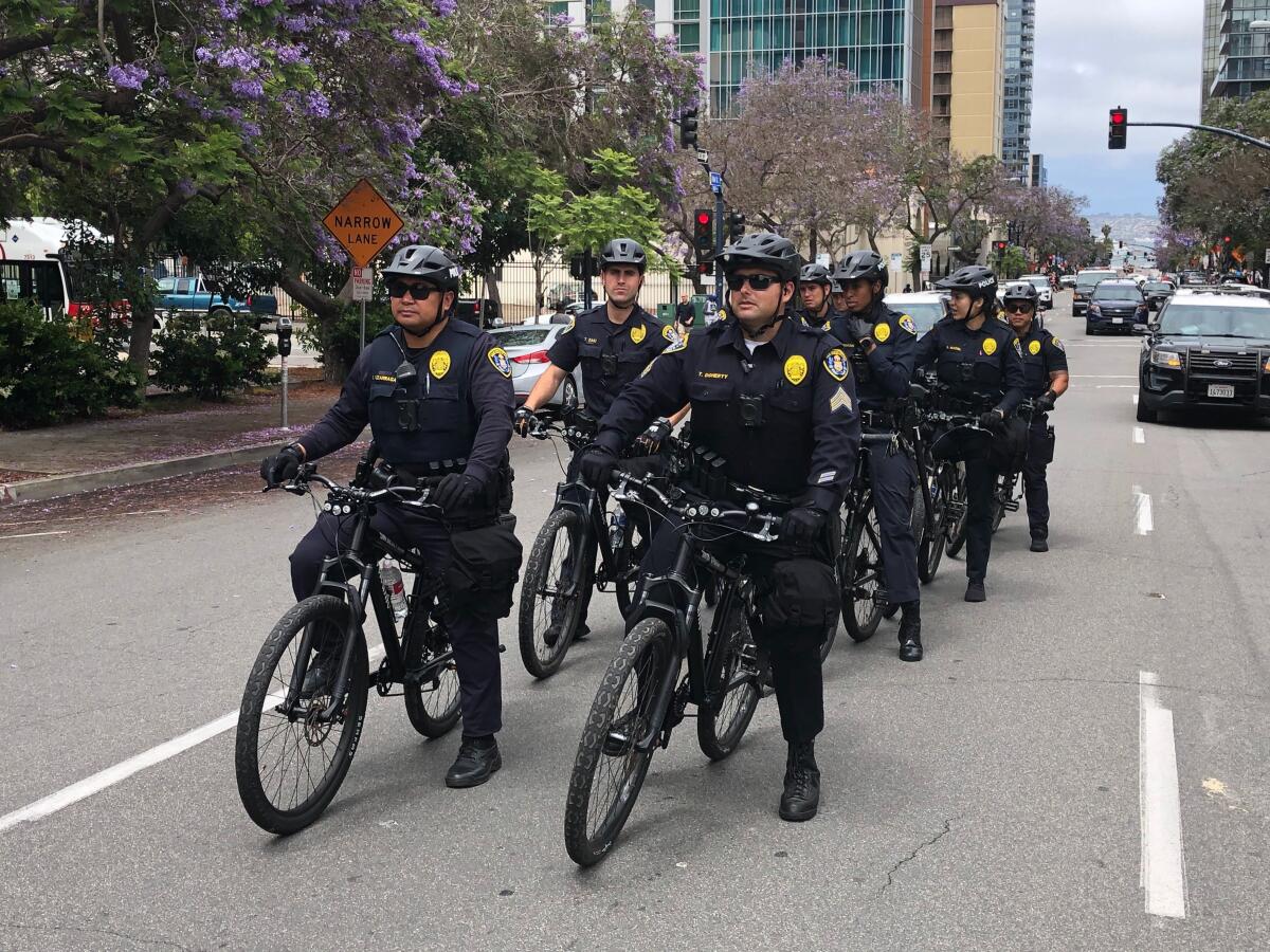 San Diego police line up on bicycles.