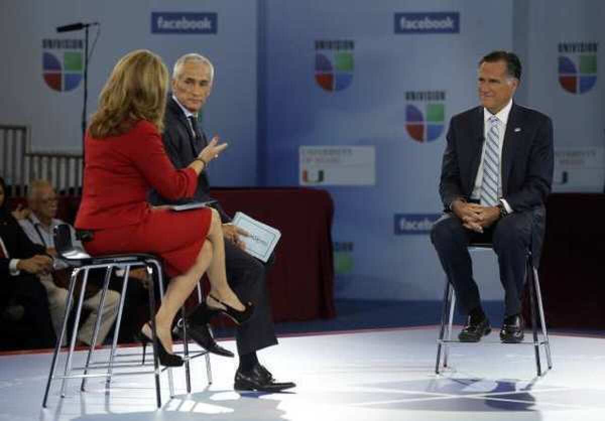 Mitt Romney participates in a Univision forum with Jorge Ramos and Maria Elena Salinas in Miami on Wednesday.