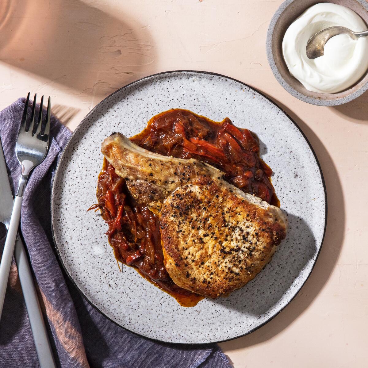 A plate of pork chop paprikash