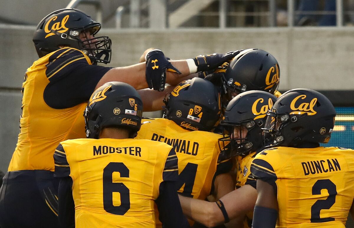 California's Gavin Reinwald (84) is congratulated by teammates after scoring against the Washington State Cougars on Nov. 9 in Berkeley.