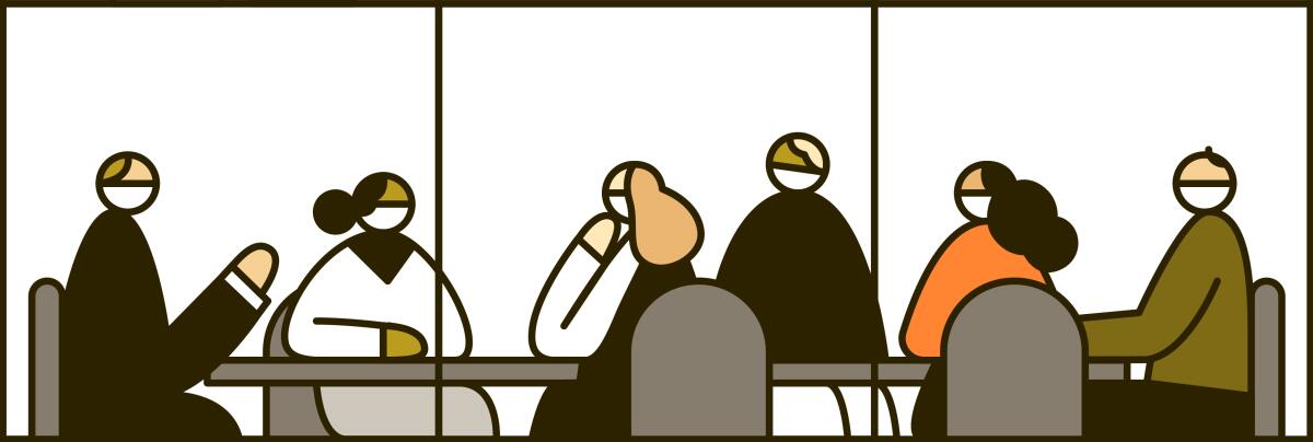 An illustration of a group of masked people around a conference table.