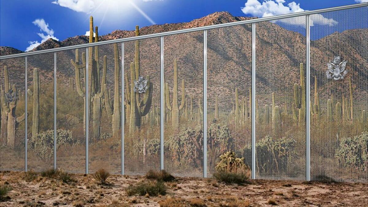 This artistic rendering, provided by the Fort Worth contracting company Penna Group, shows a proposed wall along the United States' southern border with Mexico.