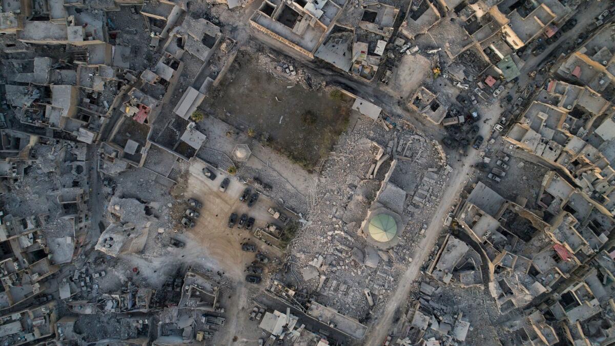 An aerial view of the heavily damaged Nuri mosque in the Old City of Mosul.