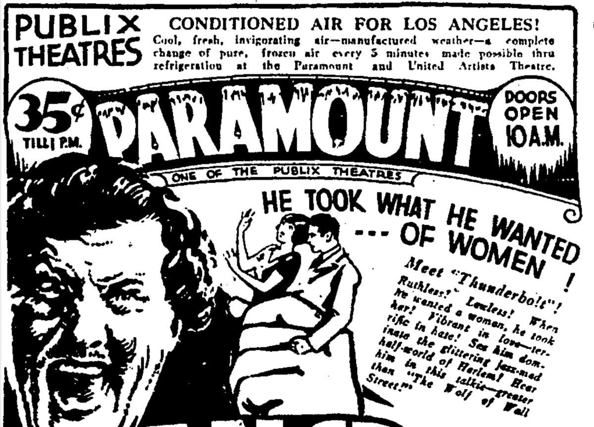 June 1929 advertisement: "Publix Theaters: Conditioned air for Los Angeles"