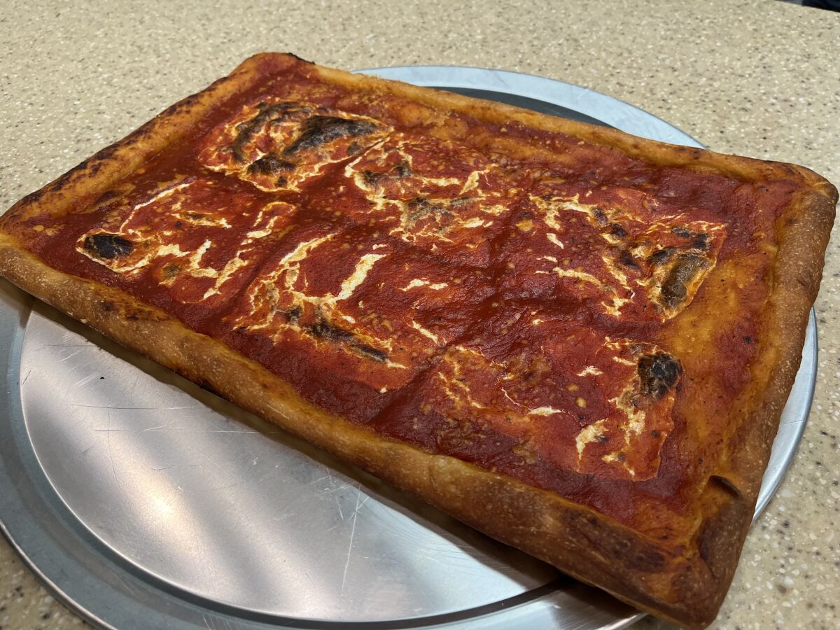 The Prince Perfection, a rectangular margherita-style Sicilian pie at Prince Street Pizza in San Diego.