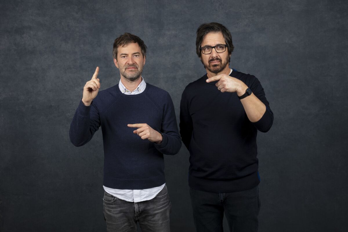 Actor-writer Mark Duplass and actor Ray Romano, from the film, "Paddleton," at the L.A. Times Photo and Video Studio at the 2019 Sundance Film Festival, in Park City, Utah.