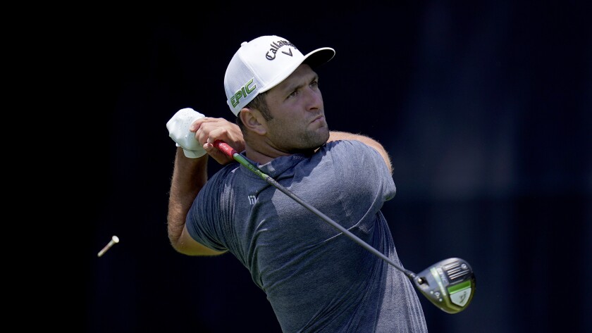 Jon Rahm hits from the seventh tee during a practice round for the U.S. Open.