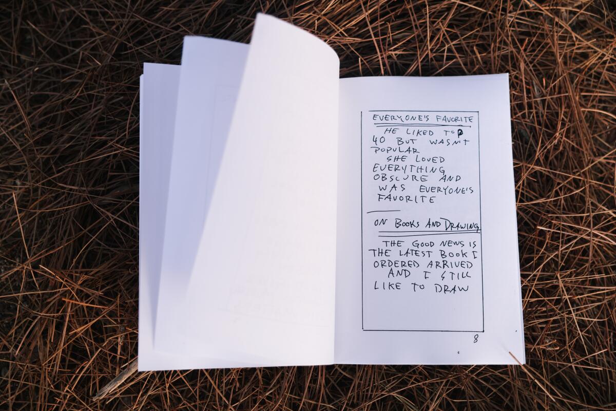 Poems by artist Senon Williams are seen in a printed zine at Griffith Park.