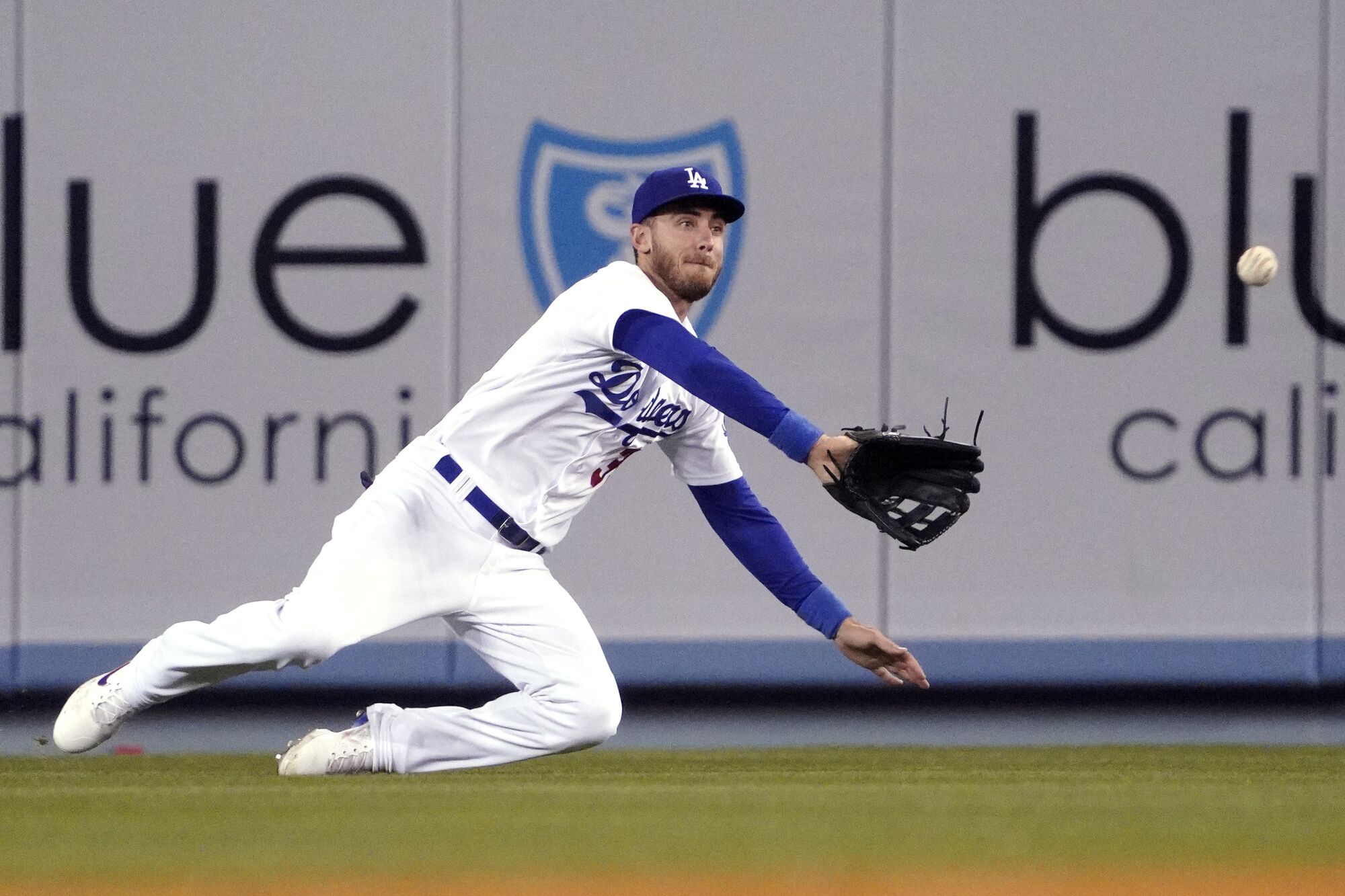 Los Angeles Dodgers center fielder Cody Bellinger makes a catch on a ball hit by Detroit Tigers' Jonathan Schoop.