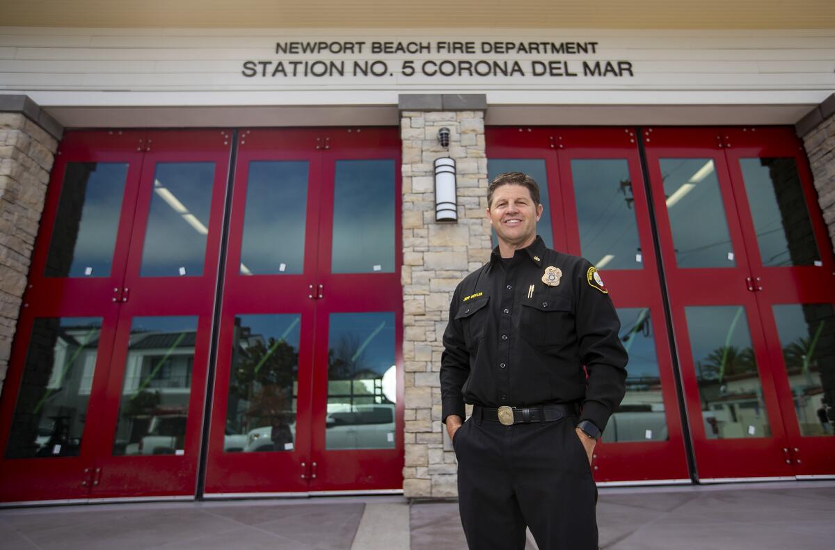 Newport Beach Assistant Fire Chief Jeff Boyles has been chosen to be the next chief. He's pictured in front of the new Corona del Mar fire station on Friday.