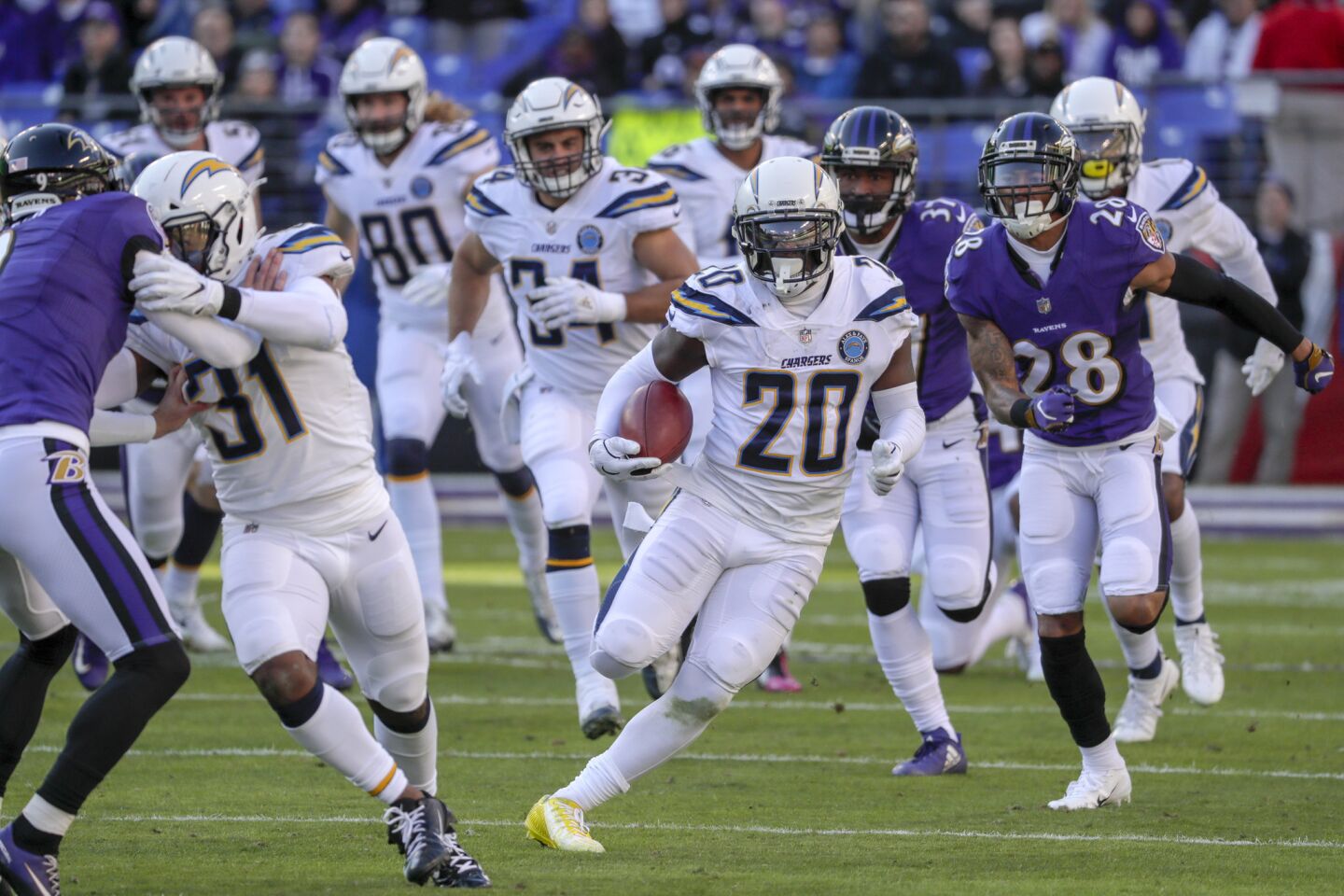 Chargers defensive back Desmond King Jr. breaks free for a 72-yard kickoff return to open the second half.