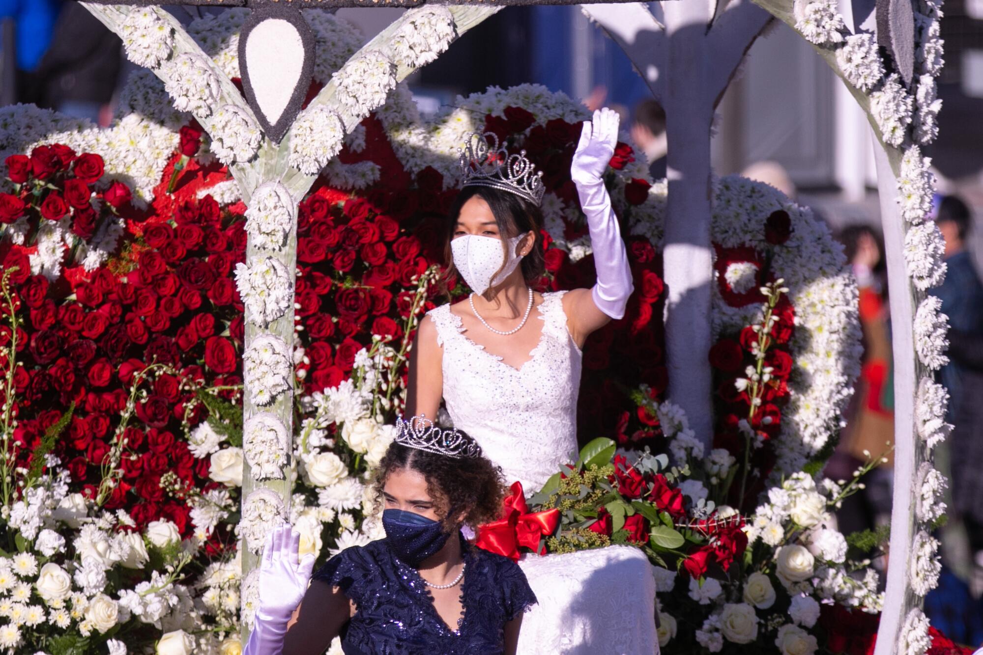 The Royal Court float rides along Colorado Boulevard.