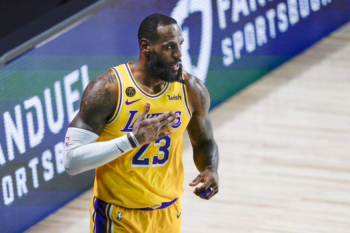 The Lakers' LeBron James reacts to a play against the Portland Trail Blazers.
