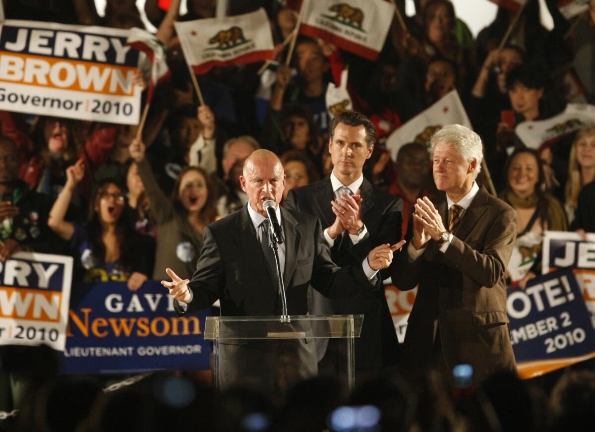 In 2010, Jerry Brown was endorsed at a crucial point in his gubernatorial campaign by his old nemesis, former President Bill Clinton. Between Brown and Clinton is Gavin Newsom, who dropped out of the race against Brown and was elected lieutenant governor.