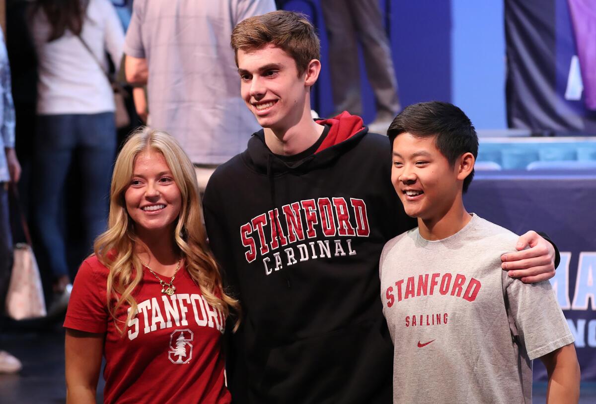 Corona del Mar's Piper Blackband, Ryan Gant and Dylan Sih, from left, are all going to Stanford.