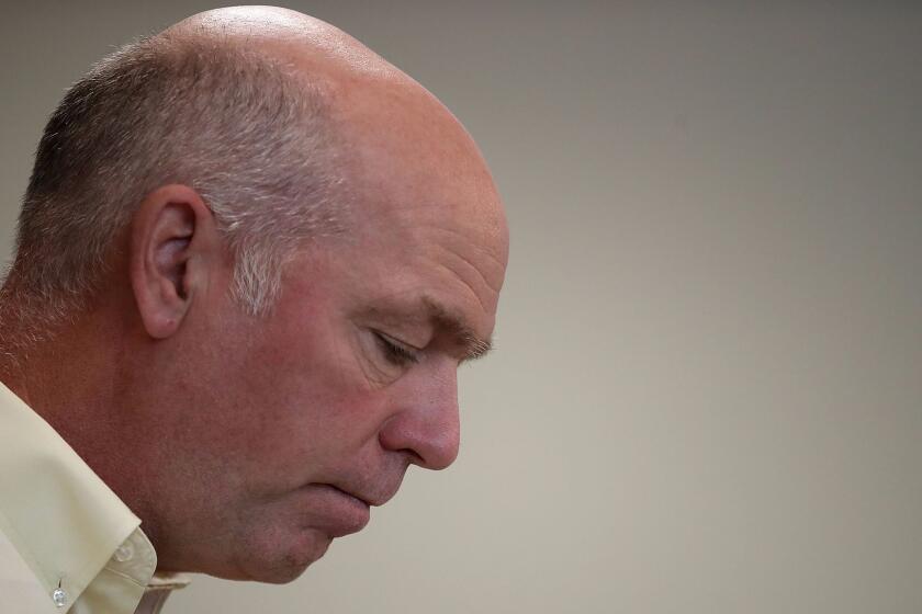 MISSOULA, MT - MAY 24: Republican congressional candidate Greg Gianforte looks on during a campaign meet and greet at Lambros Real Estate on May 24, 2017 in Missoula, Montana. Greg Gianforte is campaigning throughout Montana ahead of a May 25 special election to fill Montana's single congressional seat. Gianforte is in a tight race against democrat Rob Quist. (Photo by Justin Sullivan/Getty Images) ** OUTS - ELSENT, FPG, CM - OUTS * NM, PH, VA if sourced by CT, LA or MoD **