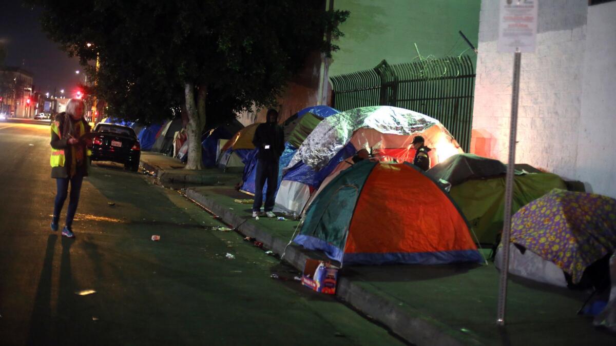Homeless people's tents on the street in Los Angeles.