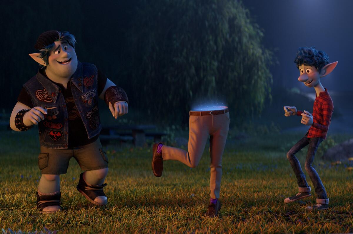 May I half this dance? Barley (voiced by Chris Pratt) and Ian (Tom Holland) dance with half of their dad in "Onward."
