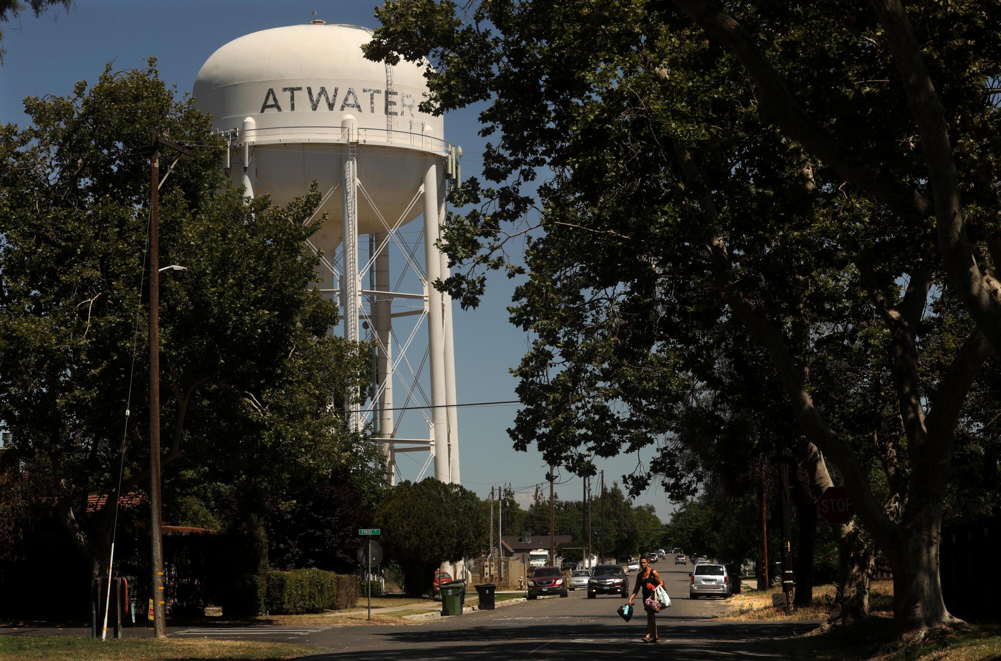 The Atwater water tower anchors the historic downtown of Atwater