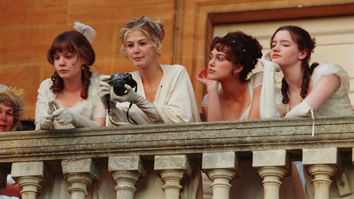 From left: Carey Mulligan, Rosamund Pike, Keira Knightley and Talulah Riley on the set of "Pride & Prejudice." (Focus Features)