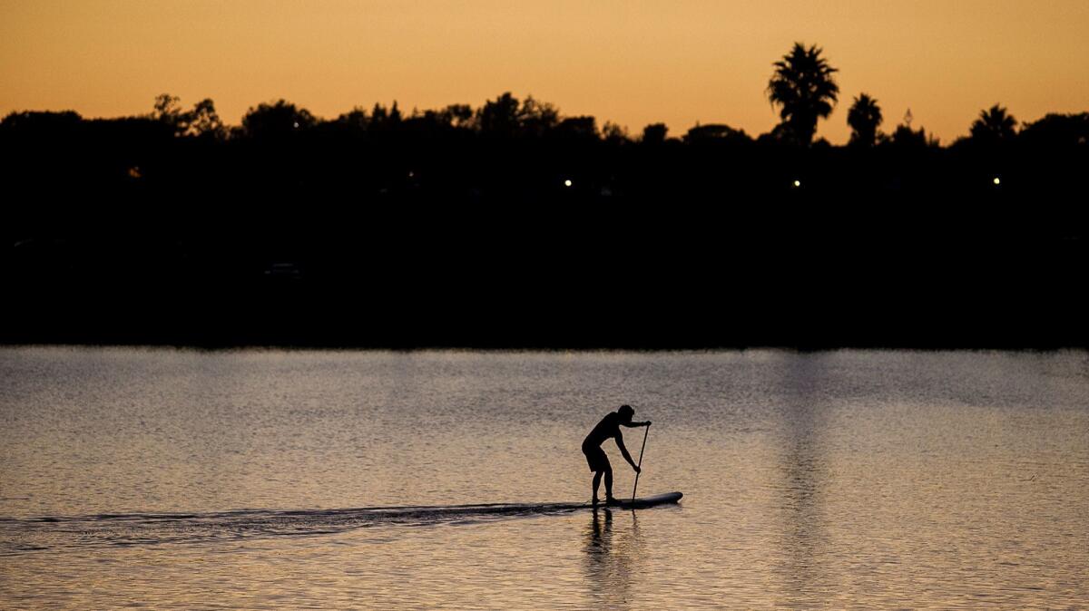 A paddle boarder glides through the back bay in Newport Beach as the sun sets.
