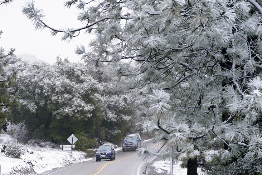 Cuyamaca, CA - April 05: Cars drive southbound on State Route 79 near Lake Cuyamaca on Friday afternoon. Beginning near Green Valley Park and north, a steady flow of snow continued in the area. (Nelvin C. Cepeda / The San Diego Union-Tribune)