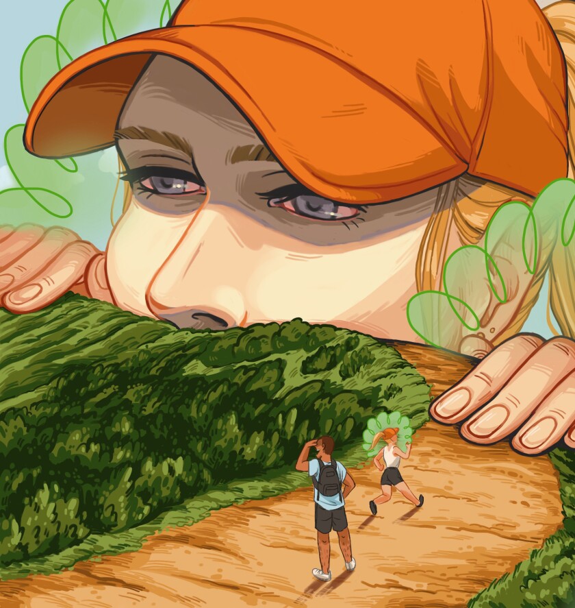 Illustration of a red-eyed woman peering over a scene of two small figures, male and female, on a trail