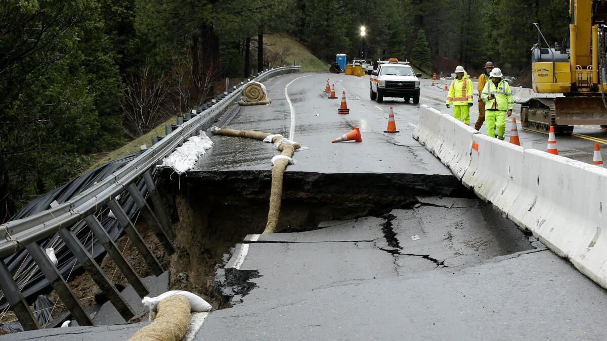 Heavy storms caused parts of the shoulder and one lane of westbound Highway 50 to give way in February near Pollock Pines. The highway is one of the main routes to Lake Tahoe.