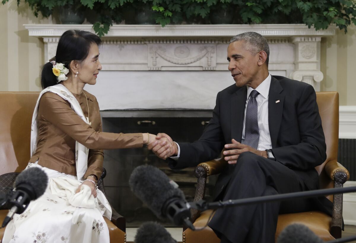 President Barack Obama and Myanmar leader Aung San Suu Kyi shake hands at the conclusion of a meeting in the Oval Office on Sept. 14.