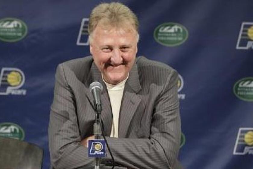 FILE - In this July 8, 2016, file photo, Indiana Pacers president of basketball Larry Bird smiles during a news conference in Indianapolis. Bird delivered the Pacersâ bid to host the 2021 All-Star game to NBA Commissioner Adam Silver, Monday, April 24, 2017. (AP Photo/Darron Cummings, File)