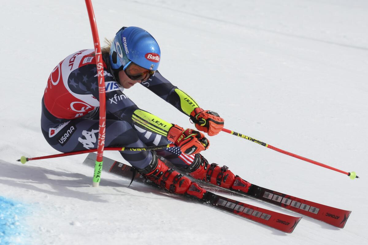 Mikaela Shiffrin speeds down the course during a slalom race in Are, Sweden.