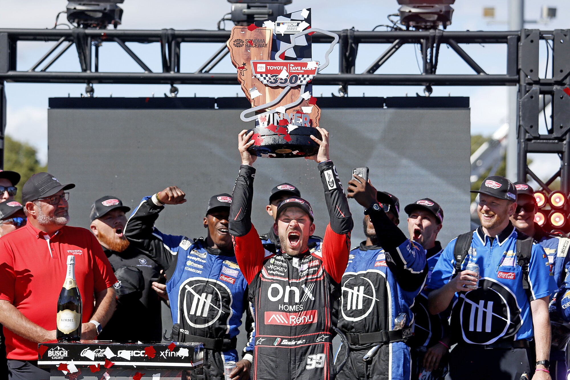 NASCAR driver Daniel Suarez celebrates first career Cup Series win 