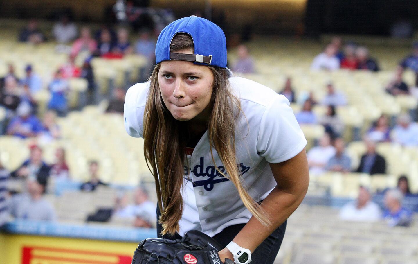 Photo Gallery: Olympian Kate Hansen throws out first pitch of Dodger game