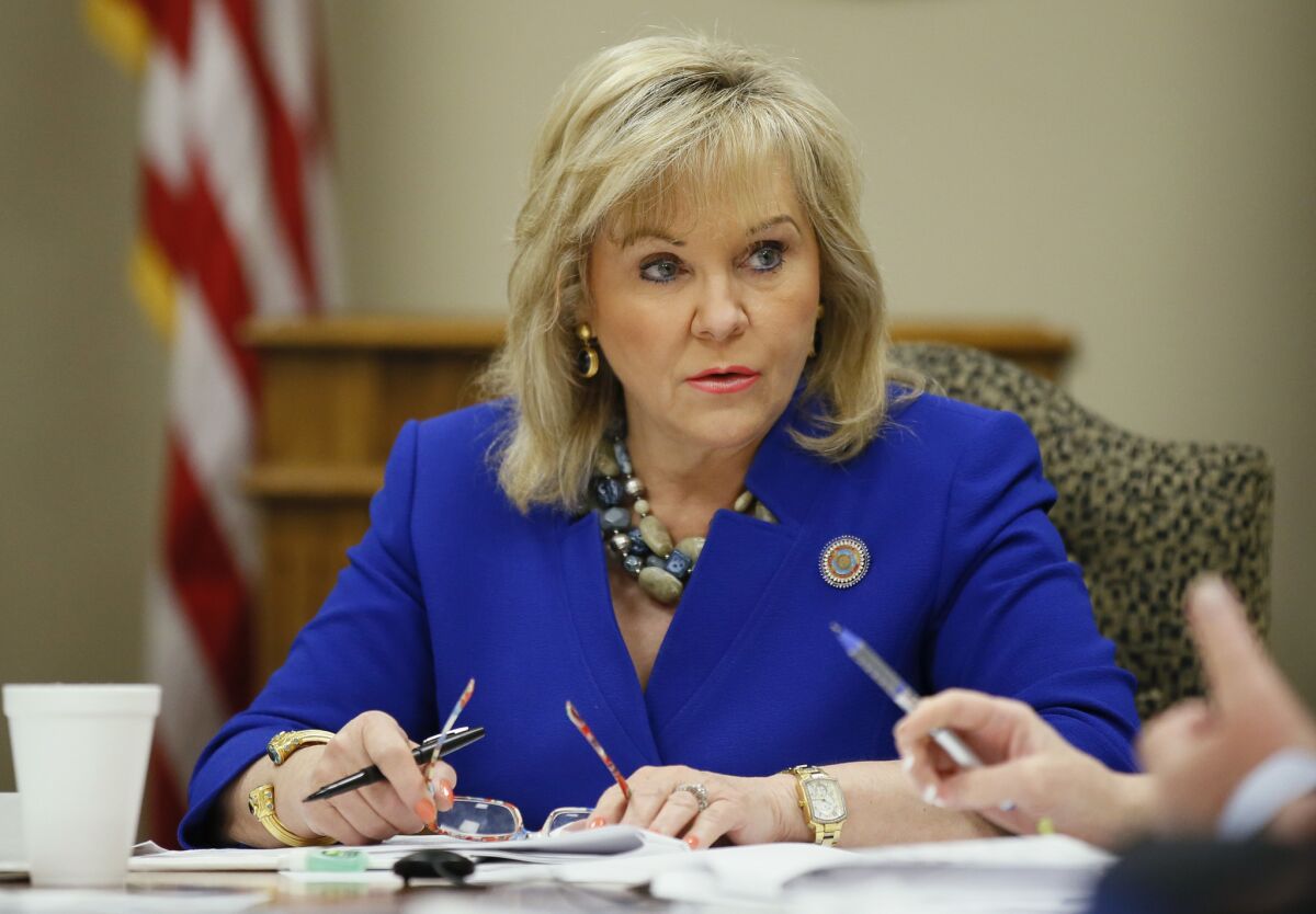 Oklahoma Gov. Mary Fallin attends a meeting of the State Board of Equalization in Oklahoma City.