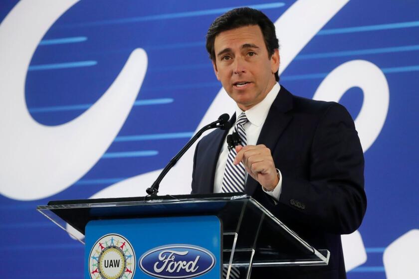 FILE - In this Jan. 3, 2017 file photo, Ford President and CEO Mark Fields addresses the Flat Rock Assembly in Flat Rock, Mich. Ford is replacing its CEO amid questions about its current performance and future strategy, a person familiar with the situation has said. Fields will be replaced by Jim Hackett, who joined Ford's board in 2013. (AP Photo/Carlos Osorio, File)