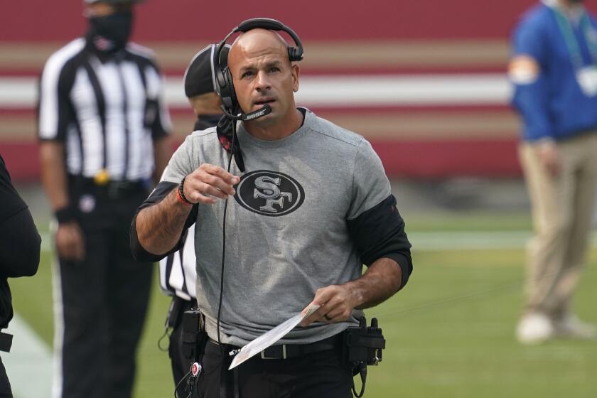 FILE - San Francisco 49ers defensive coordinator Robert Saleh is shown during an NFL football game against Arizona Cardinals, in Santa Clara, Calif., in this Sept. 13, 2020, file photo. The search for a new coach continues for the New York Jets after they completed an in-person interview with San Francisco 49ers defensive coordinator Robert Saleh on Wednesday, Jan. 13, 2021, without apparently reaching a deal.(AP Photo/Tony Avelar, File)