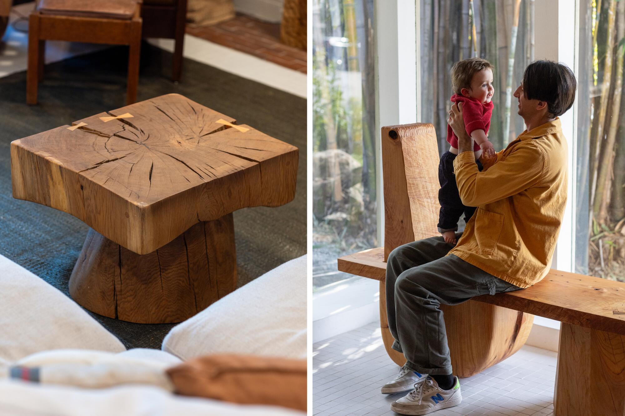 A square carved wood table, left, and a man holding up a child while seated on a wood bench