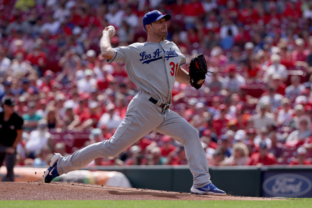 Dodgers starting pitcher Max Scherzer delivers in the first inning Saturday.