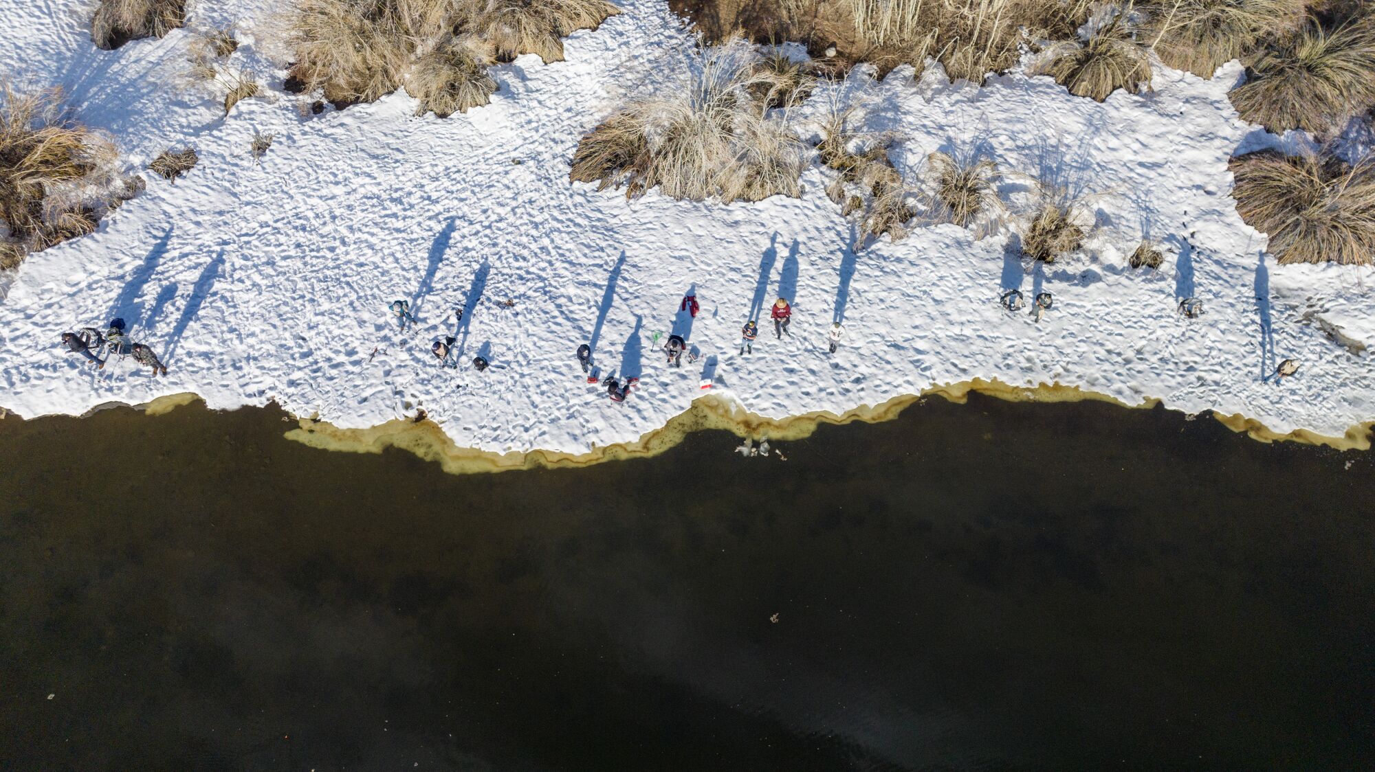 Anglers cast long shadows on a snow-covered shoreline.